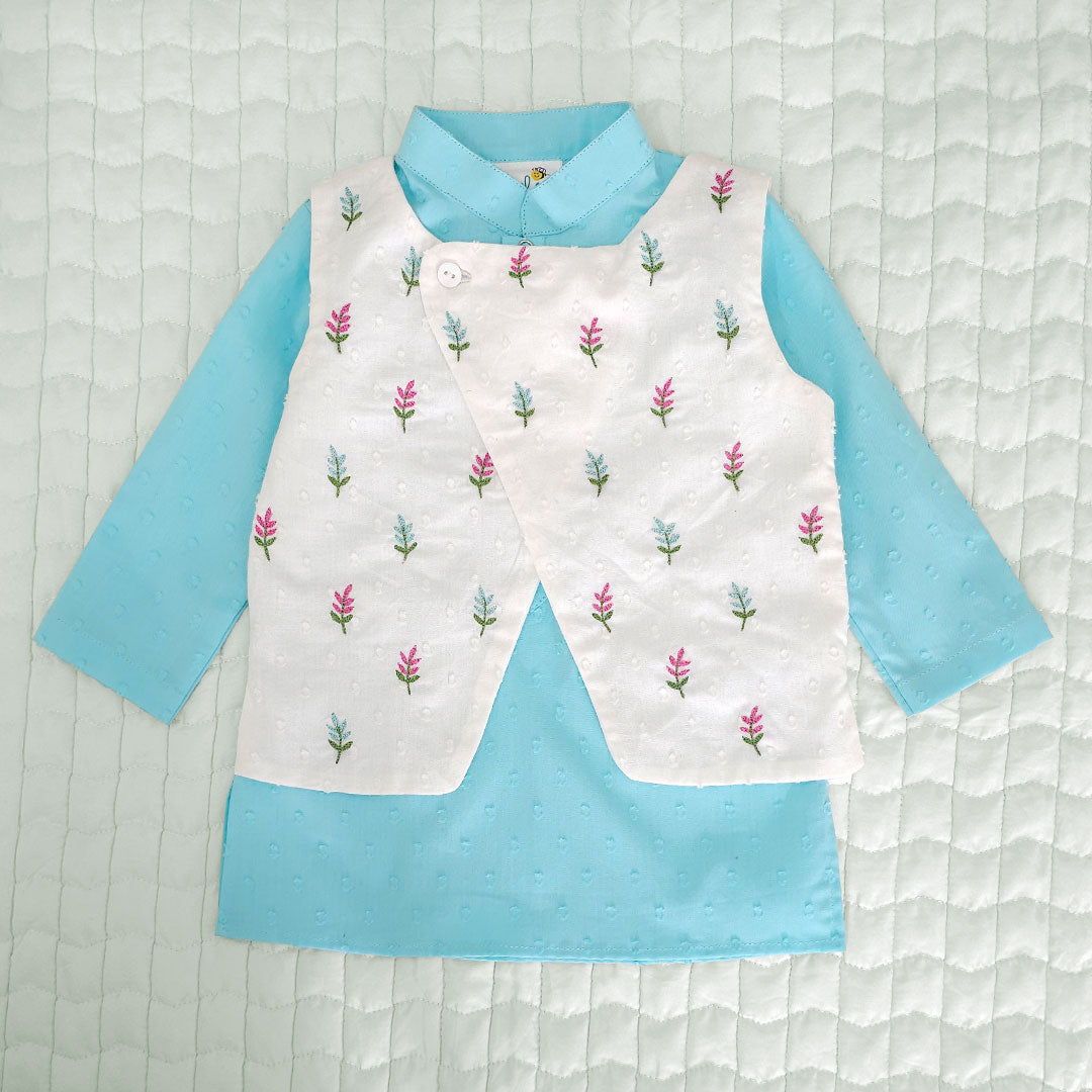 Keebee Organic Cotton Floral Embroidered Jacket Kurta and White Pajama Pants Set - Turquoise Blue