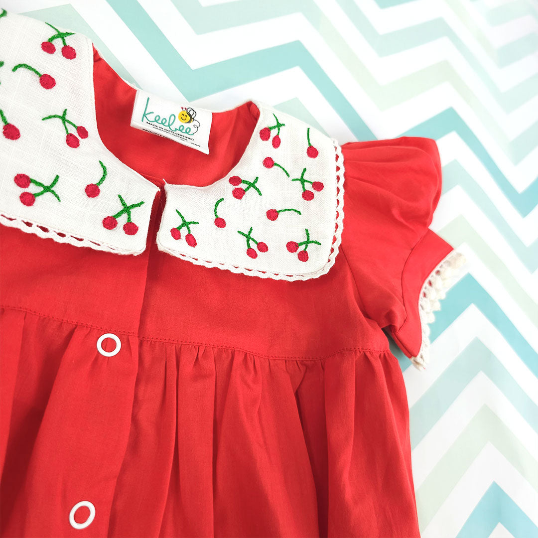 Keebee Organic Cotton Baby Girl Puff Sleeve Laced Romper - Red Cherry