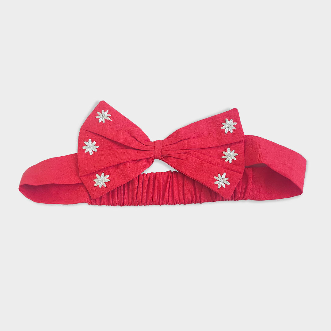 Keebee Organic Cotton Red Embroidered Classic Bow Headband - Snowflakes