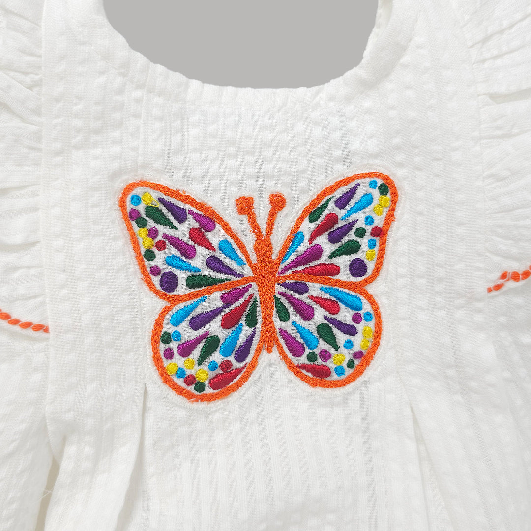 Keebee Organic Cotton Embroidered White Baby Girl Iris Dress - Butterfly