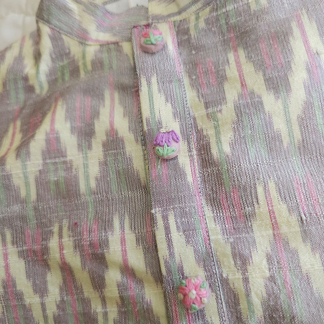 Keebee Raw Silk Pastel Ikat Kurta and Baby Pink Pajama Pants Set
