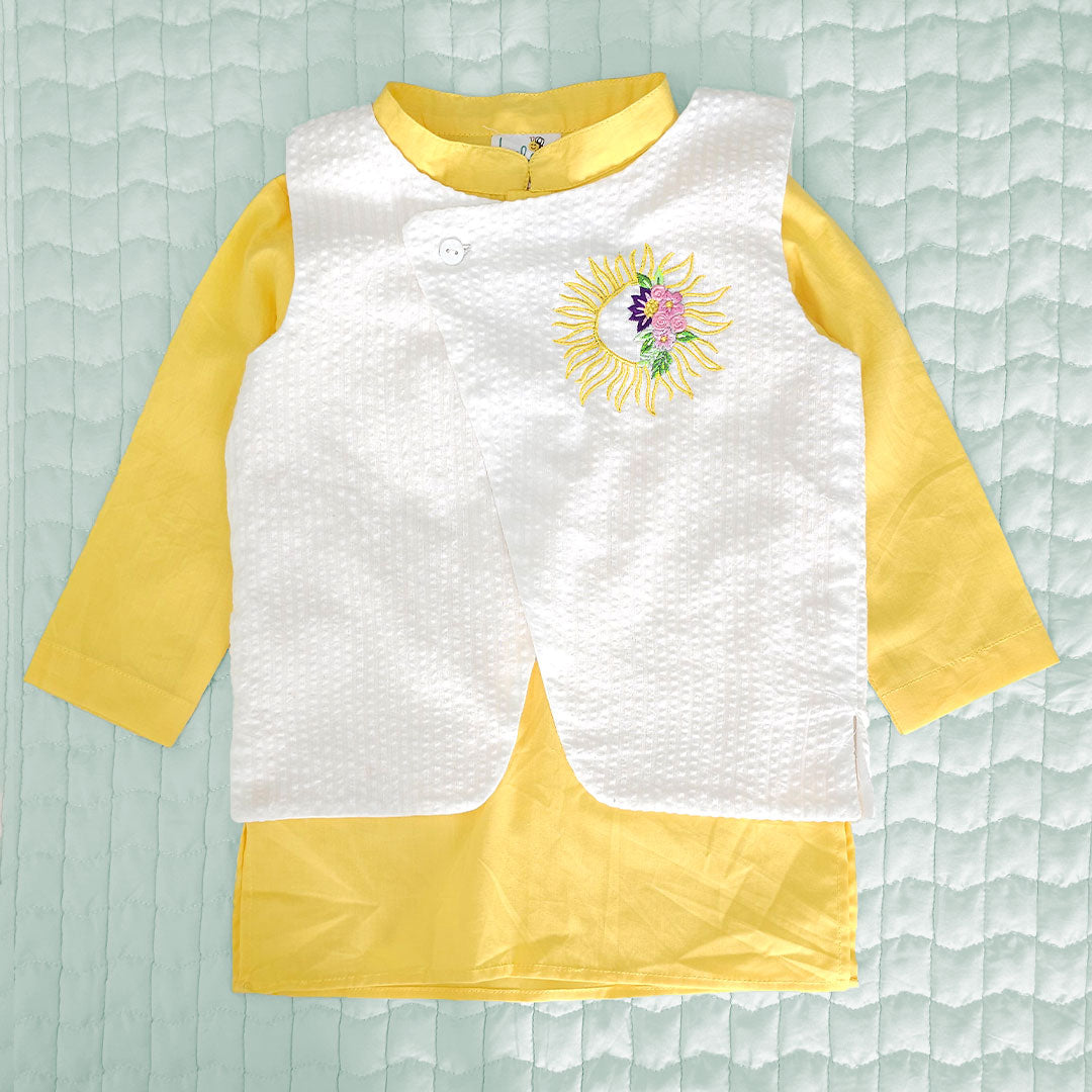 Keebee Organic Cotton Sun Embroidered Jacket Kurta and White Pajama Pants Set - Yellow