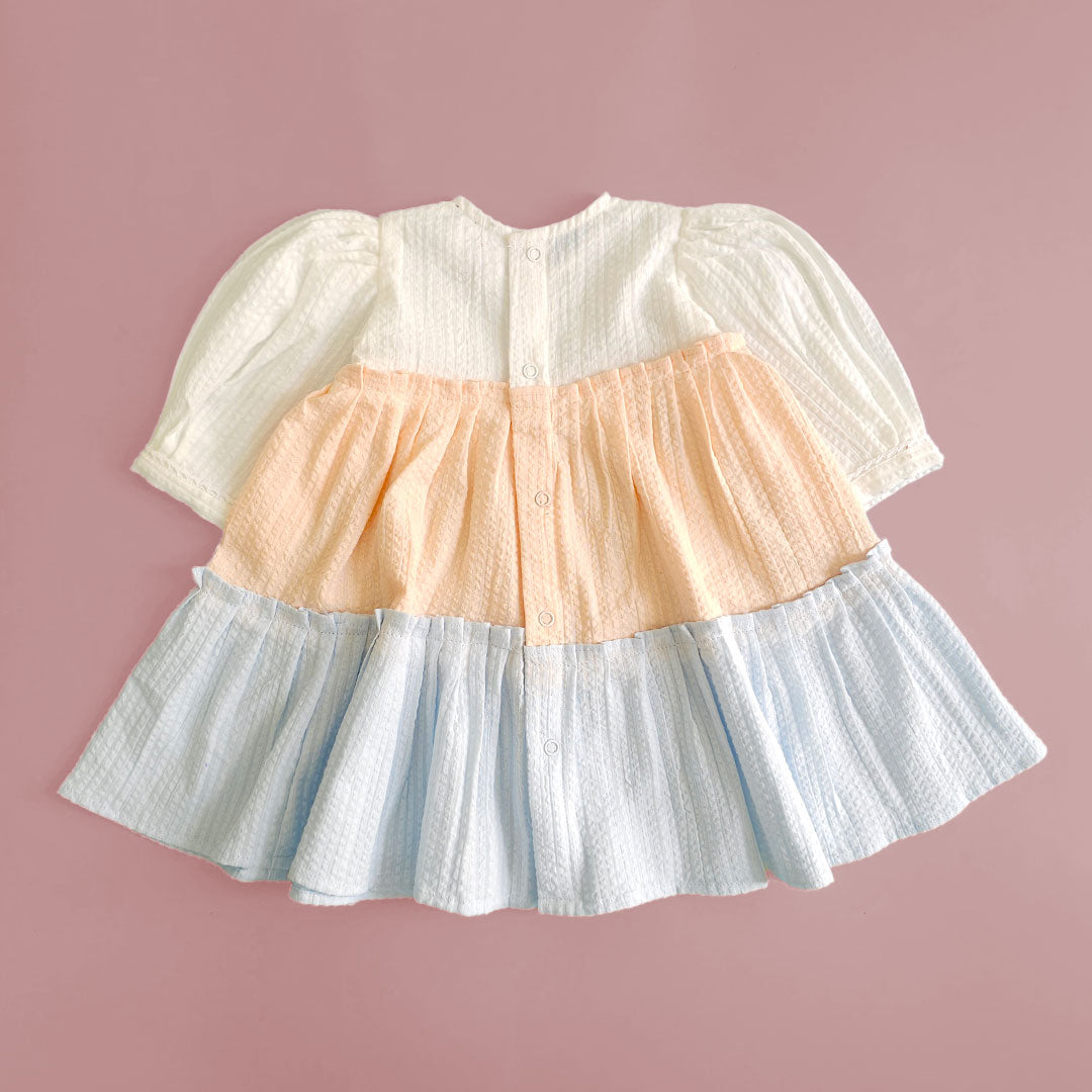 Keebee Organic Cotton Solid Textured Multicolor Baby Girl Tiered Dress with Puffed Sleeves