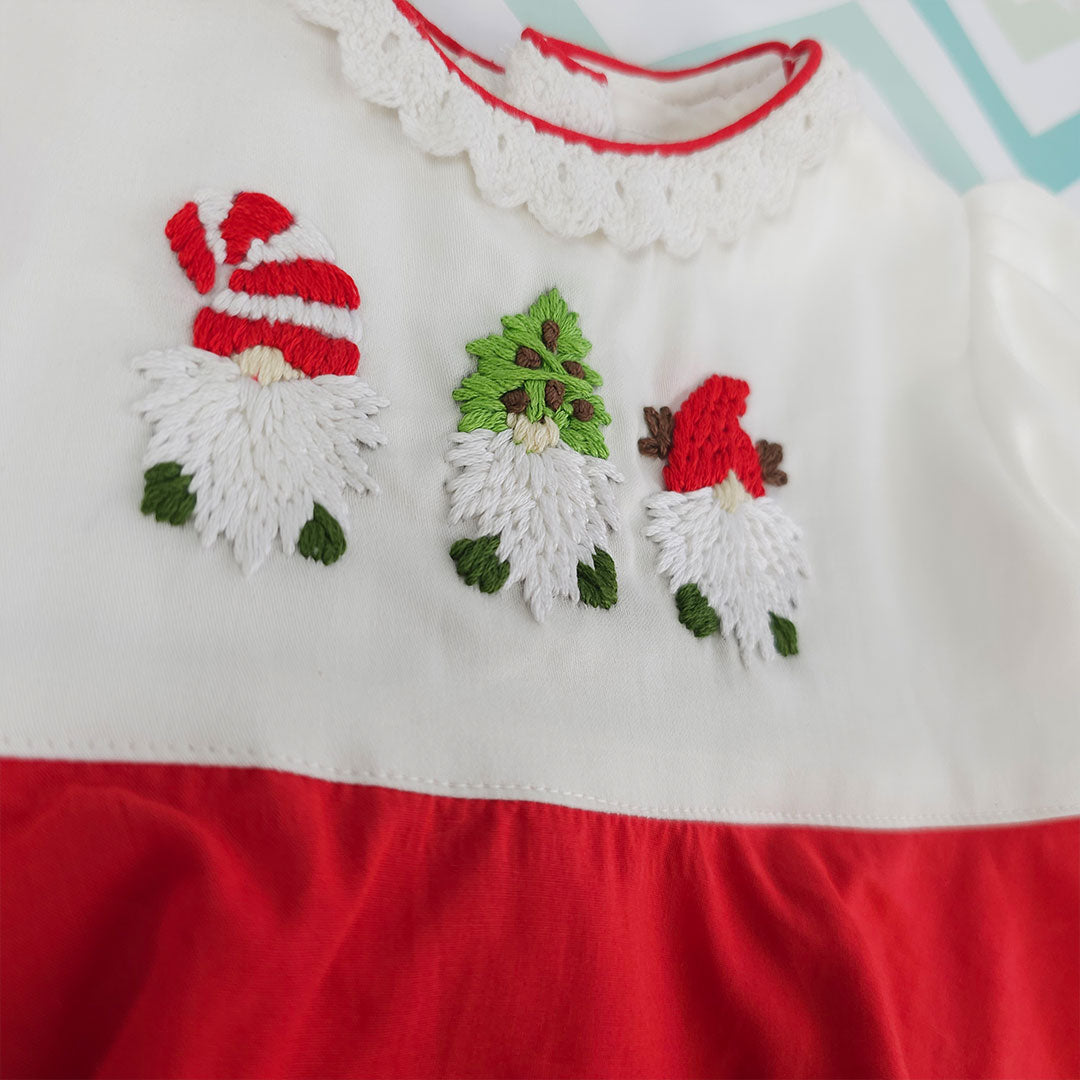 Keebee Organic Cotton Embroidered Baby Girl Red and White Full Sleeve Dress - Gnomes