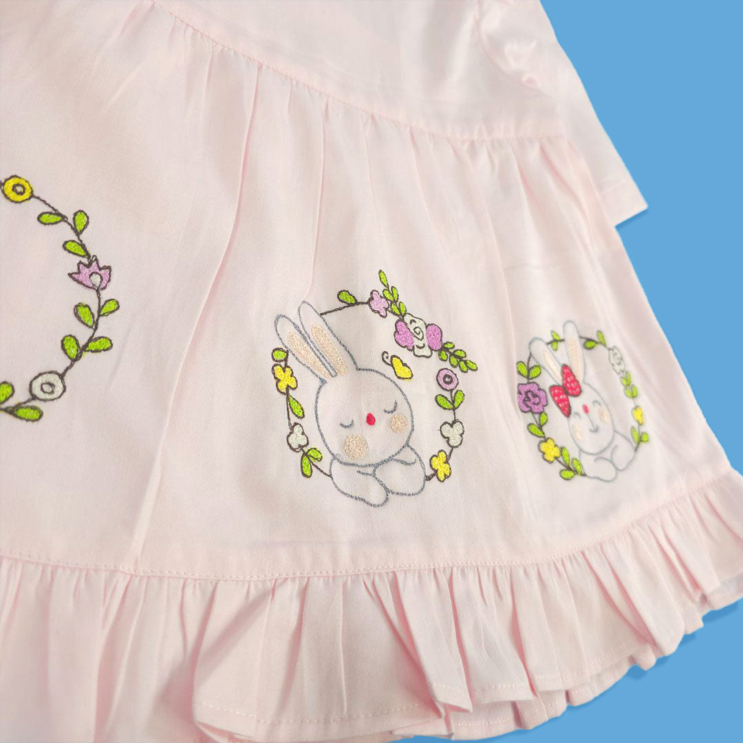 Keebee Organic Cotton Embroidered Pink Puff Sleeve Girls Jabla / Wrap Dress - Rabbits