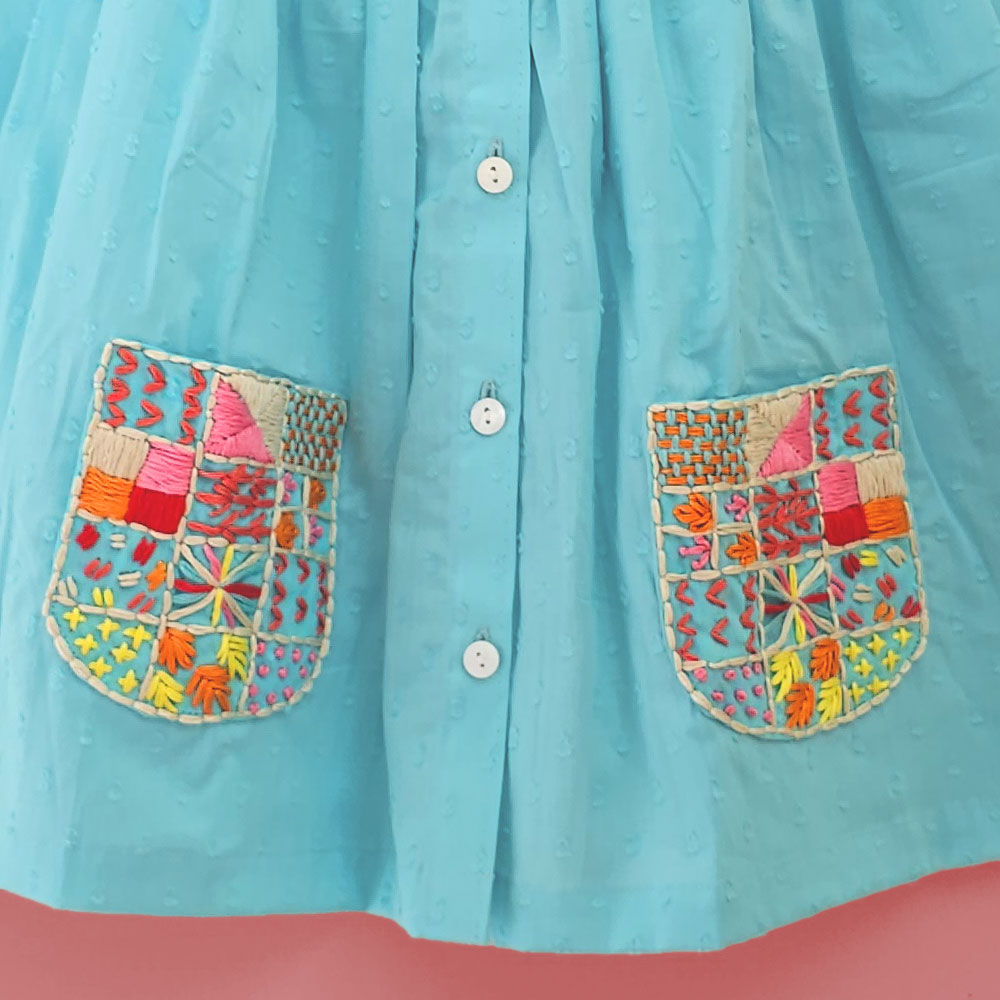 Keebee Organic Cotton Hand Embroidered Turquoise Blue Baby Girl Dress with Pockets