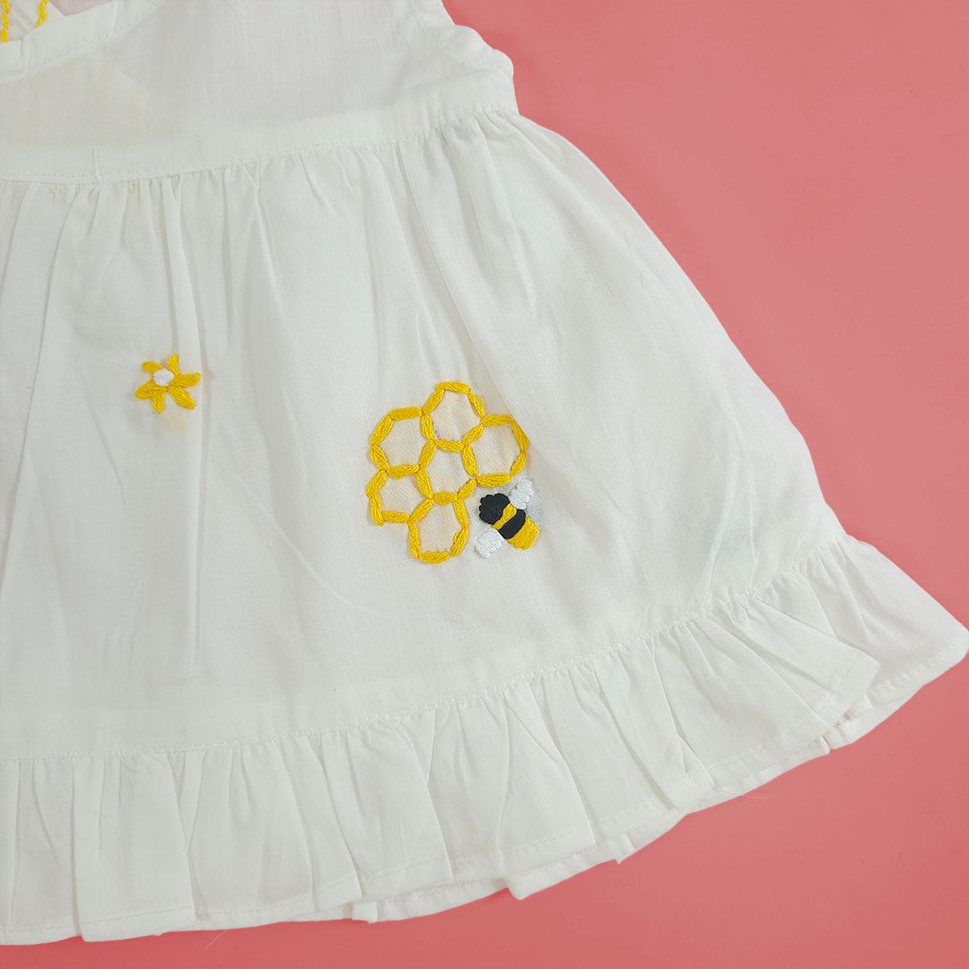 Keebee Organic Cotton Embroidered Newborn Baby Girl White Wrap Dress - Honeycomb