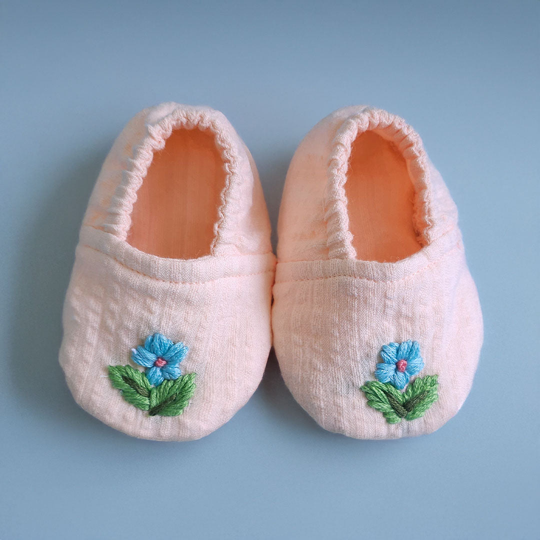 Keebee Organic Cotton Sweet Peach Embroidered Baby Shoes - Peony