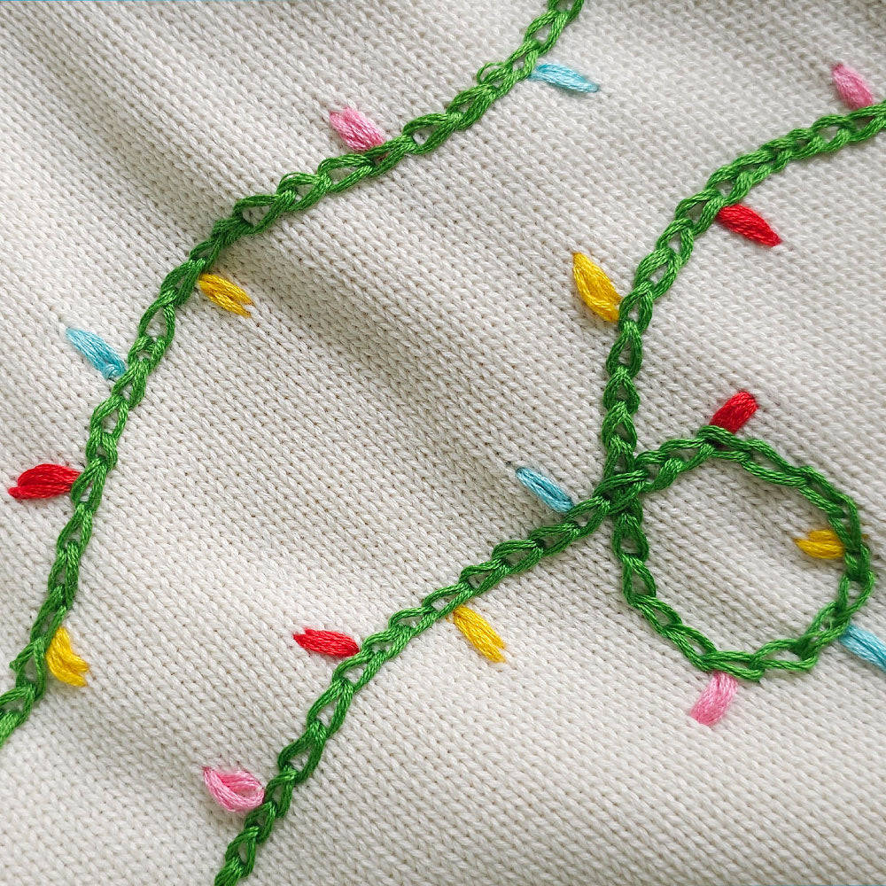 Keebee Organic Cotton Hand Embroidered Holiday White Sweater - Twinkle Lights
