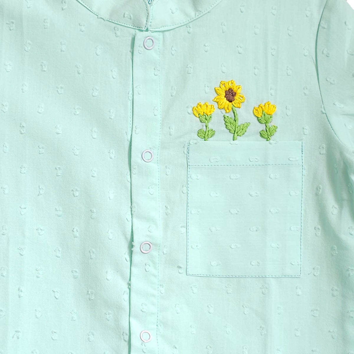Keebee Organic Cotton Aqua Embroidered Shirt with Putta Texture - Sunflower