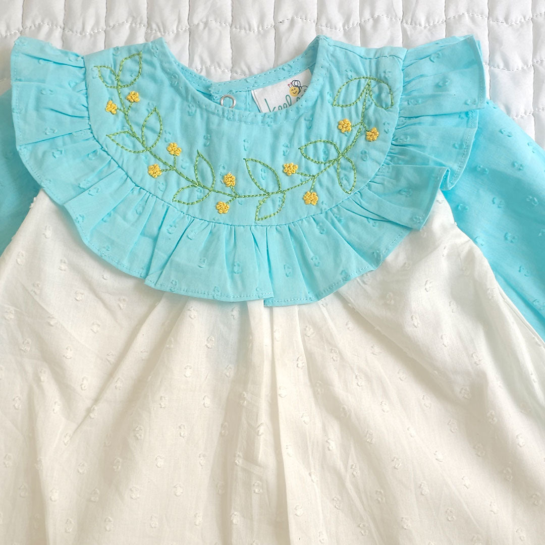 Keebee Organic Cotton Embroidered Girls Blue and White Puffed Sleeve Dress - Garland of Flowers