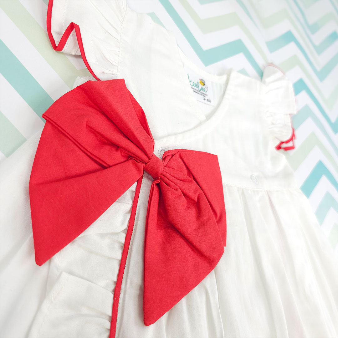 Keebee Organic Cotton Girls White Overlap Dress - Candy Bow