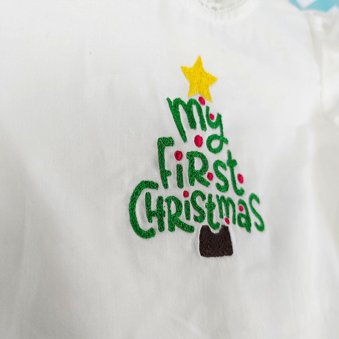 Keebee Organic Cotton Embroidered Baby Girl White Puff Sleeve Dress - 'My First Christmas'