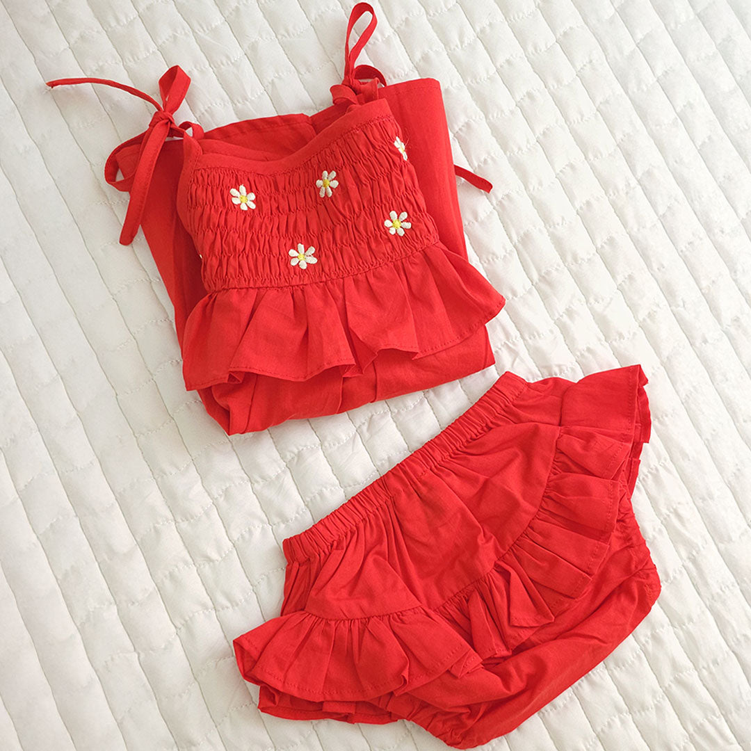 Keebee Organic Cotton Baby Girl Red Shoulder Knot Smocked Dress and Bloomer Set