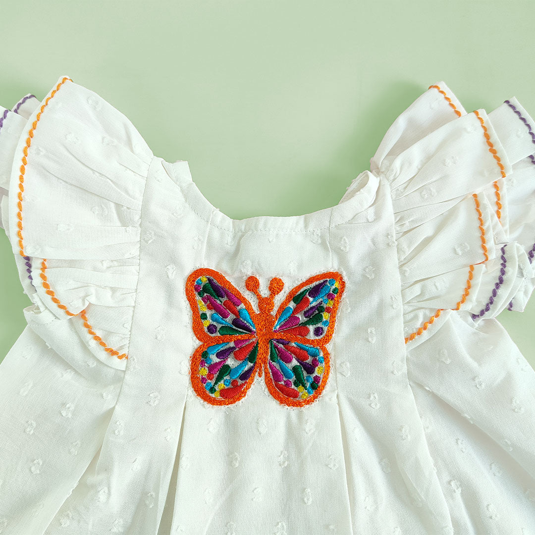 Keebee Organic Cotton Embroidered White Baby Girl Iris Dress - Butterfly