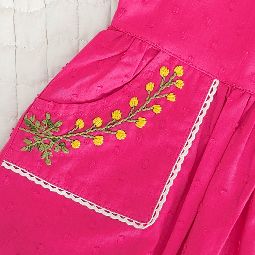 Keebee Organic Cotton Embroidered Girls Hot Pink Pocket Dress - Yellow Flowers