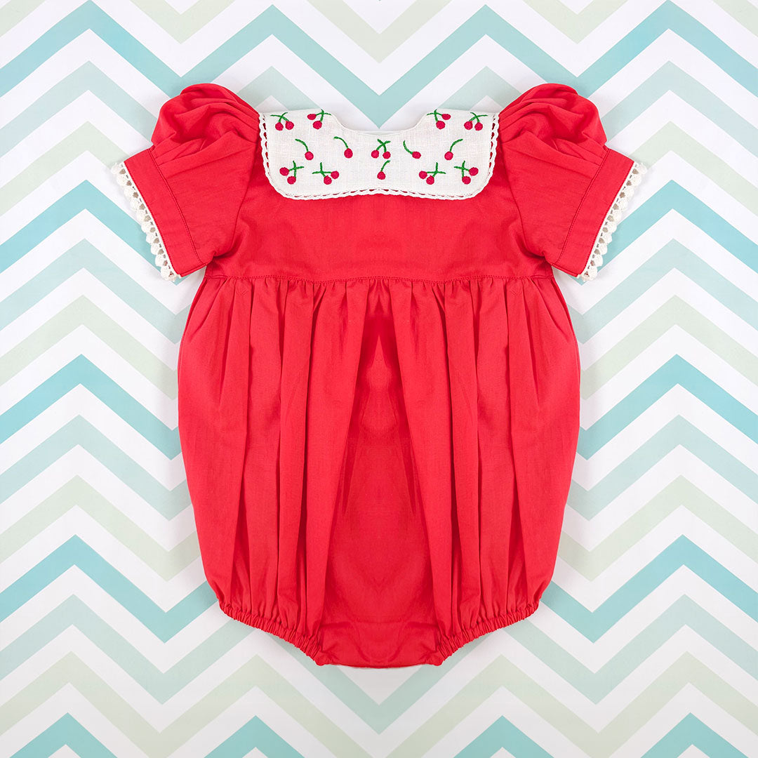 Keebee Organic Cotton Baby Girl Puff Sleeve Laced Romper - Red Cherry