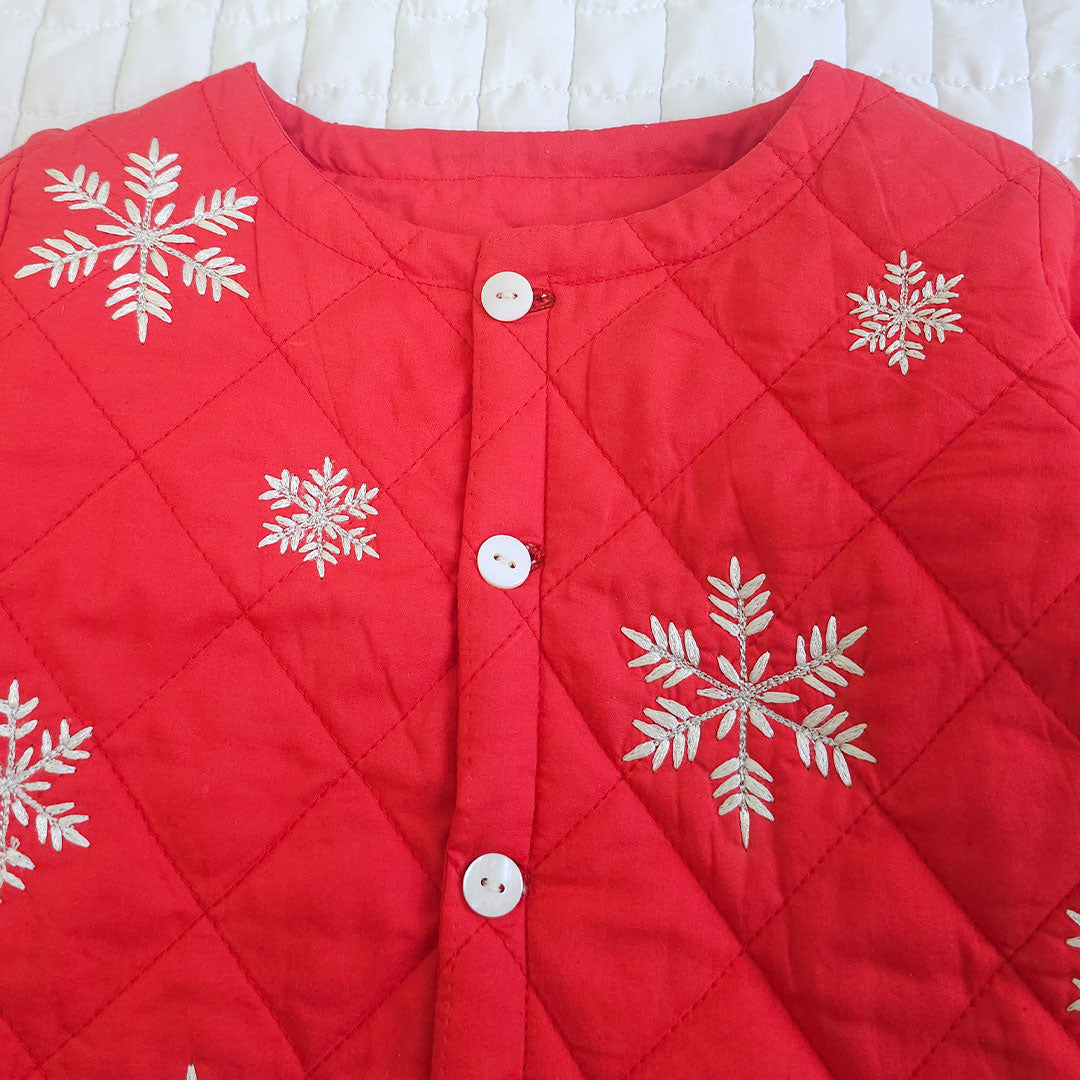 Keebee Organic Cotton Embroidered Red Button Up Quilted Jacket - Snowflakes