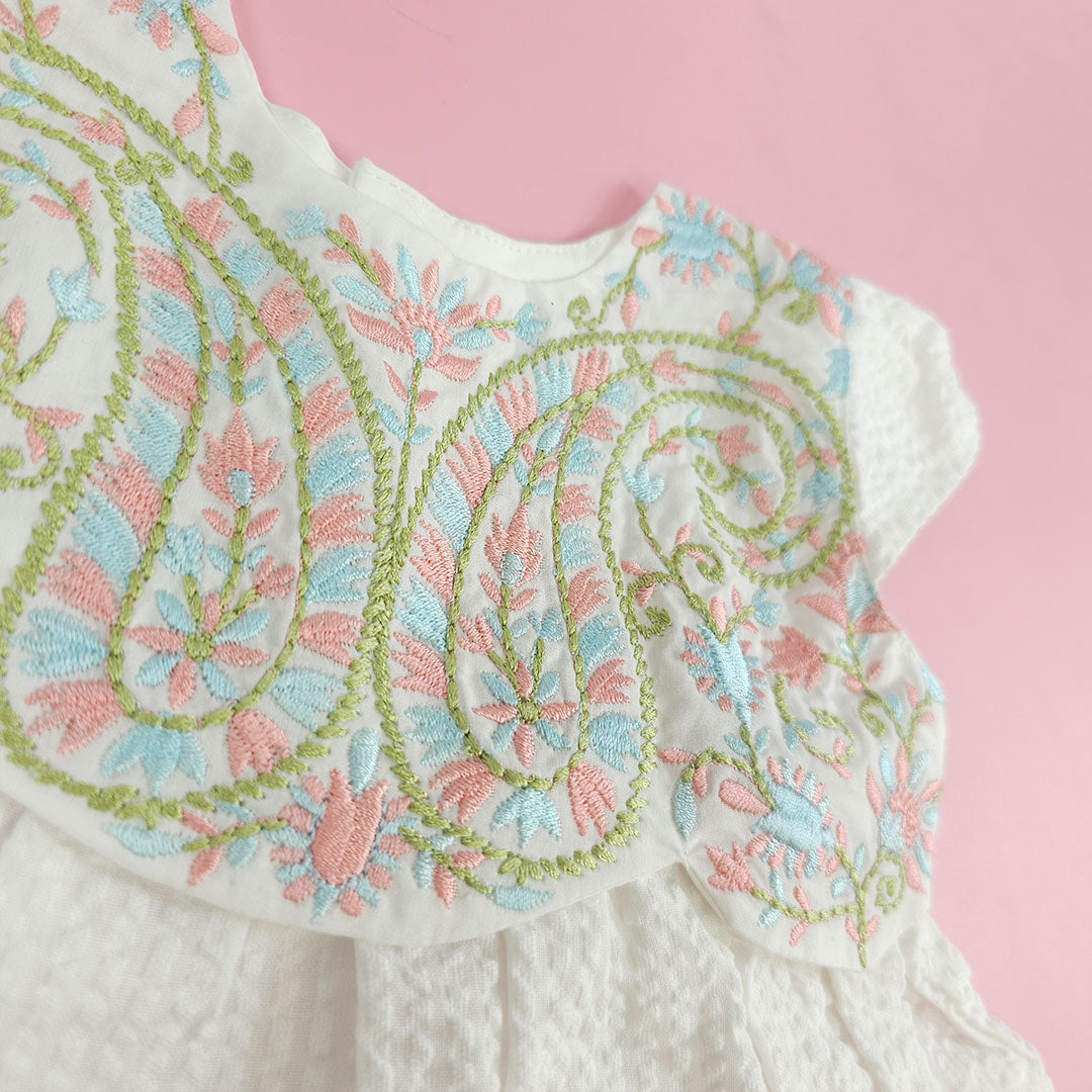 Keebee Organic Cotton Textured Embroidered Girls White Dress with Cap Sleeves - Paisley