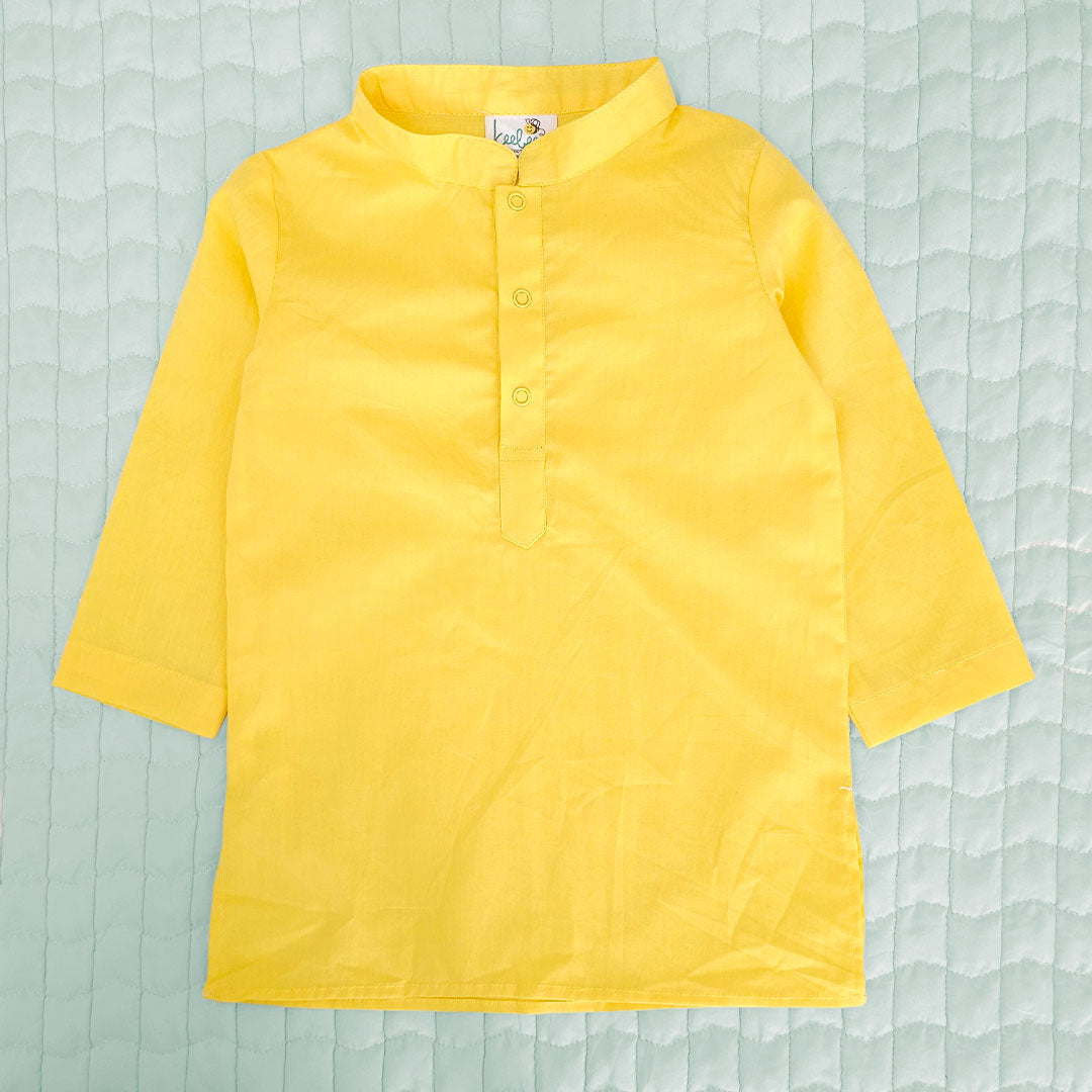 Keebee Organic Cotton Sun Embroidered Jacket Kurta and White Pajama Pants Set - Yellow