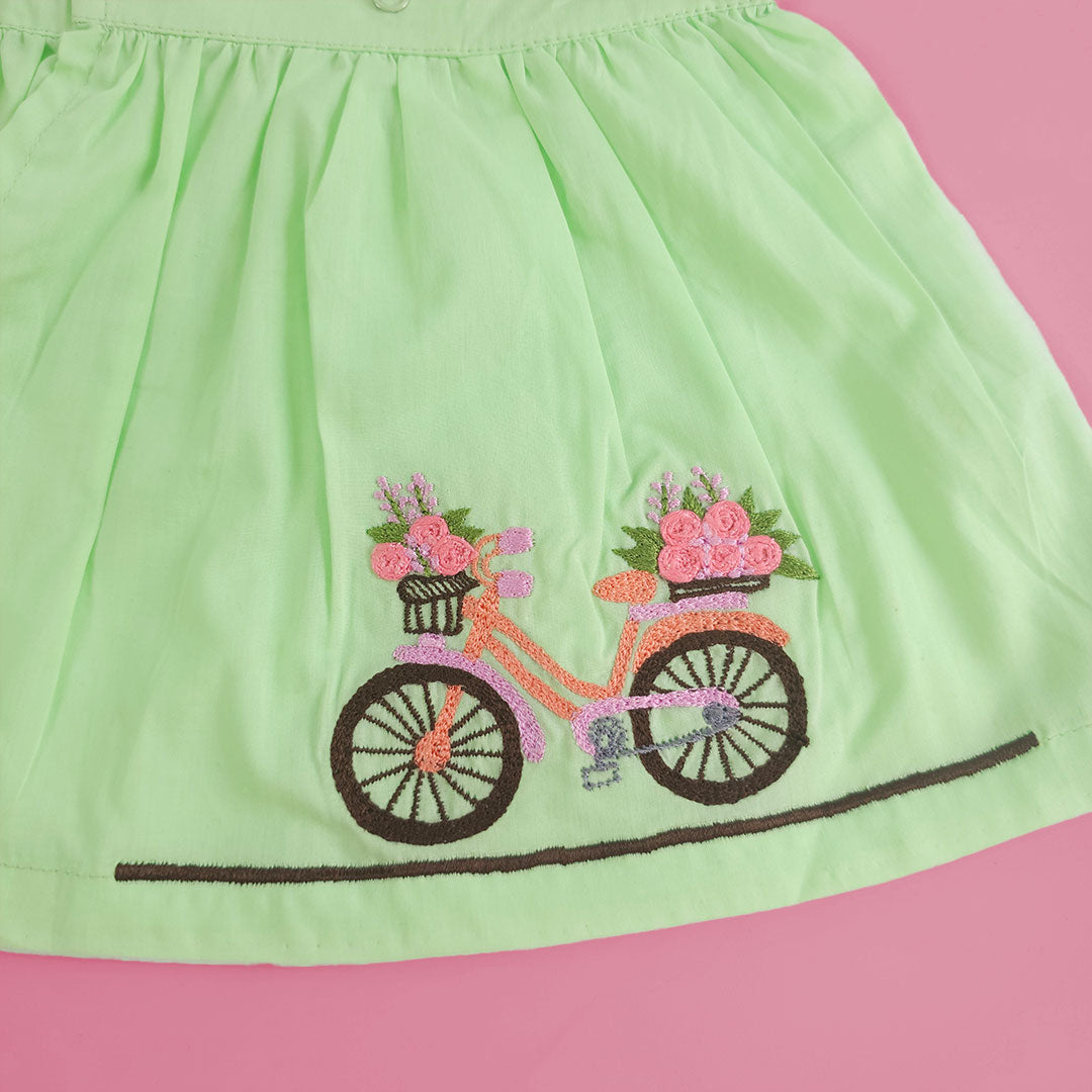 Keebee Organic Cotton Embroidered Newborn Baby Girl Green Overlap Dress - Bicycle
