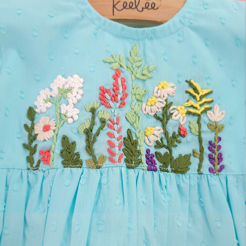 Keebee Organic Cotton Embroidered Girls Light Blue Dress - Flower Garden