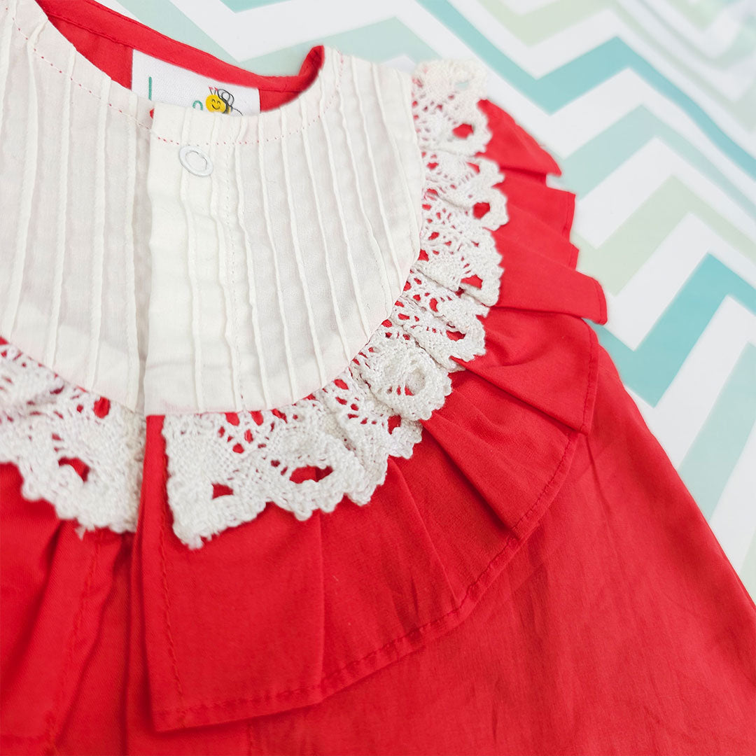 Keebee Organic Cotton Embroidered Baby Girl Red Button Up Dress - Reindeer