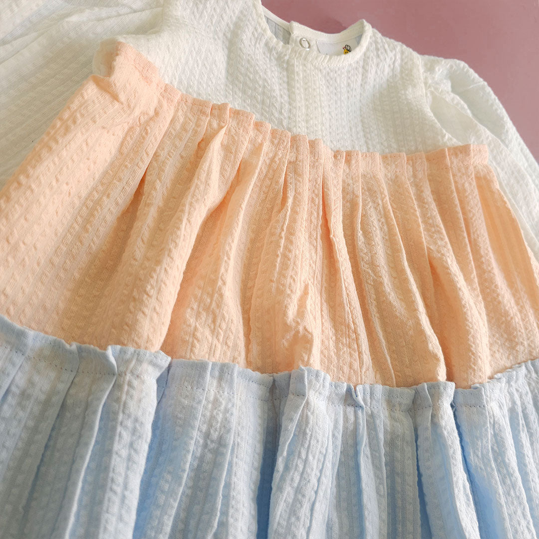 Keebee Organic Cotton Solid Textured Multicolor Baby Girl Tiered Dress with Puffed Sleeves