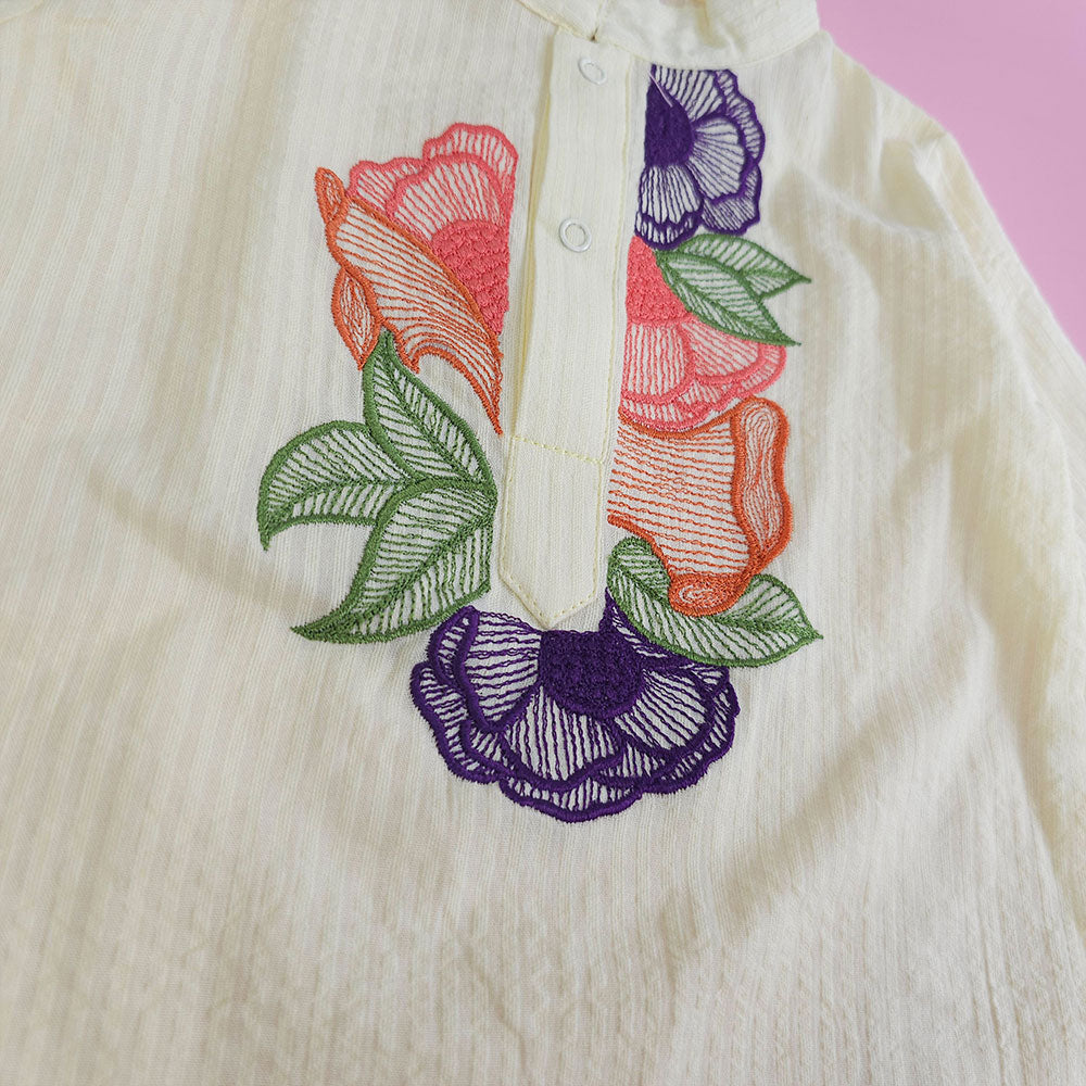 Keebee Organic Cotton Embroidered Yellow Kurta paired with Pajama Pants - Floral Bloom