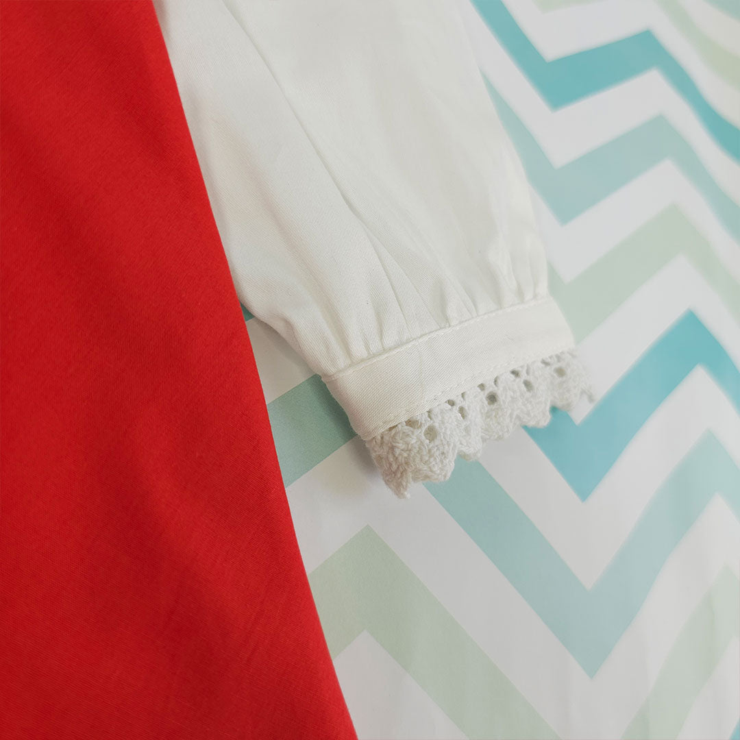 Keebee Organic Cotton Embroidered Baby Girl Red and White Full Sleeve Dress - Gnomes