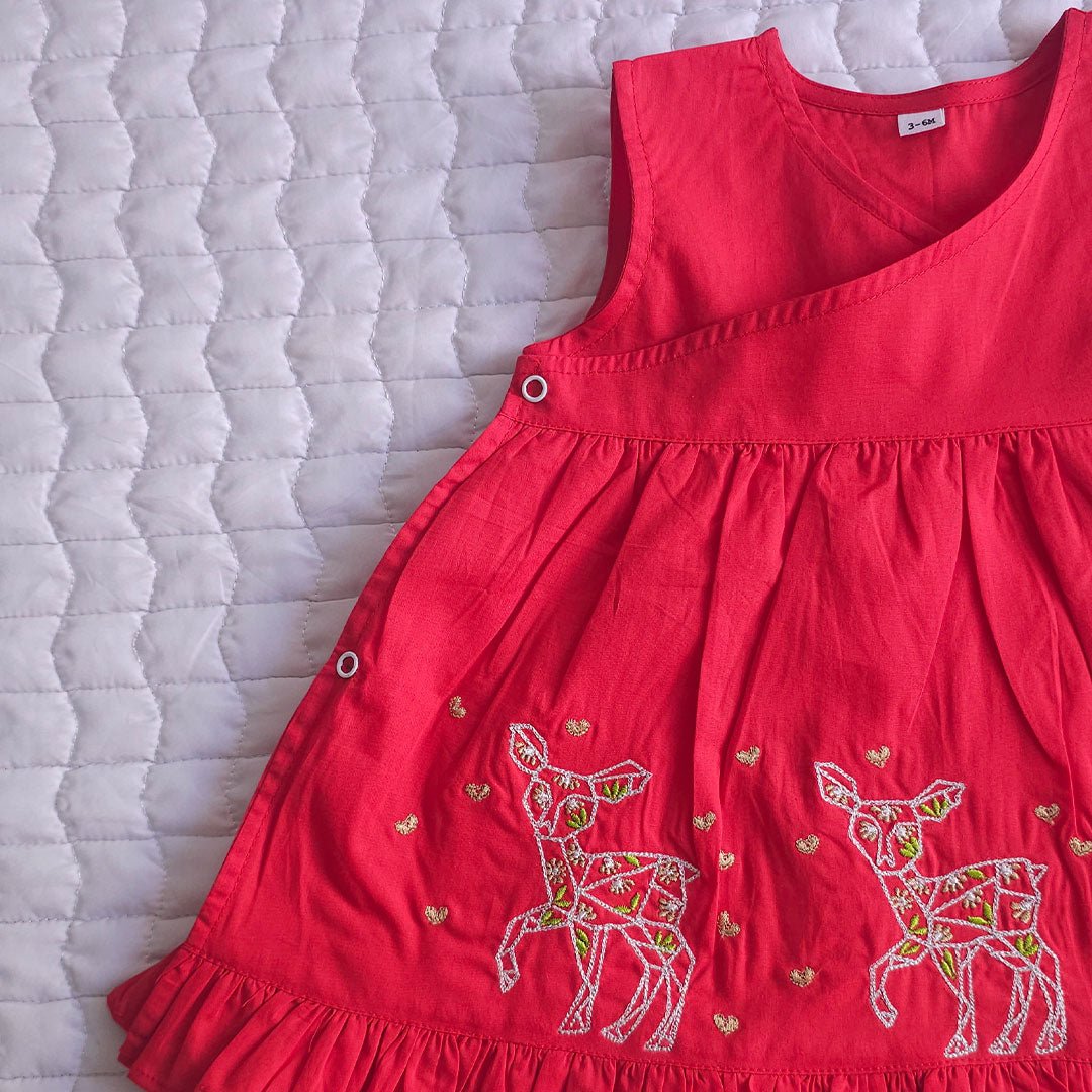 Keebee Organic Cotton Embroidered Red Wrap Dress / Jabla - Three Lil Deers