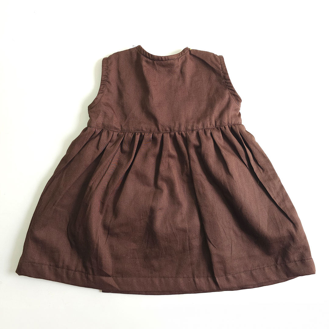 Keebee Organic Cotton Embroidered Girls Brown Overlap Dress - Sunflowers