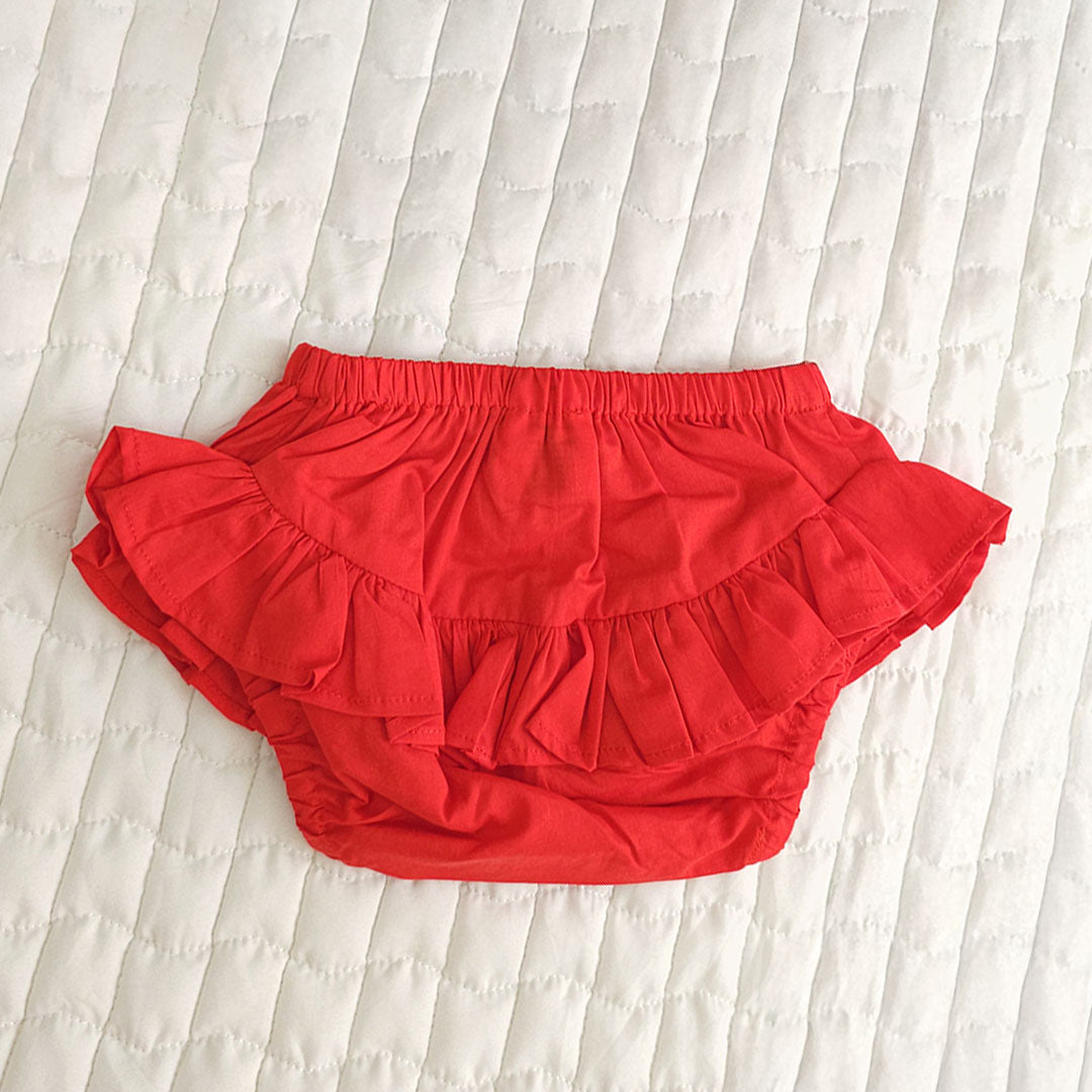 Keebee Organic Cotton Baby Girl Red Shoulder Knot Smocked Dress and Bloomer Set