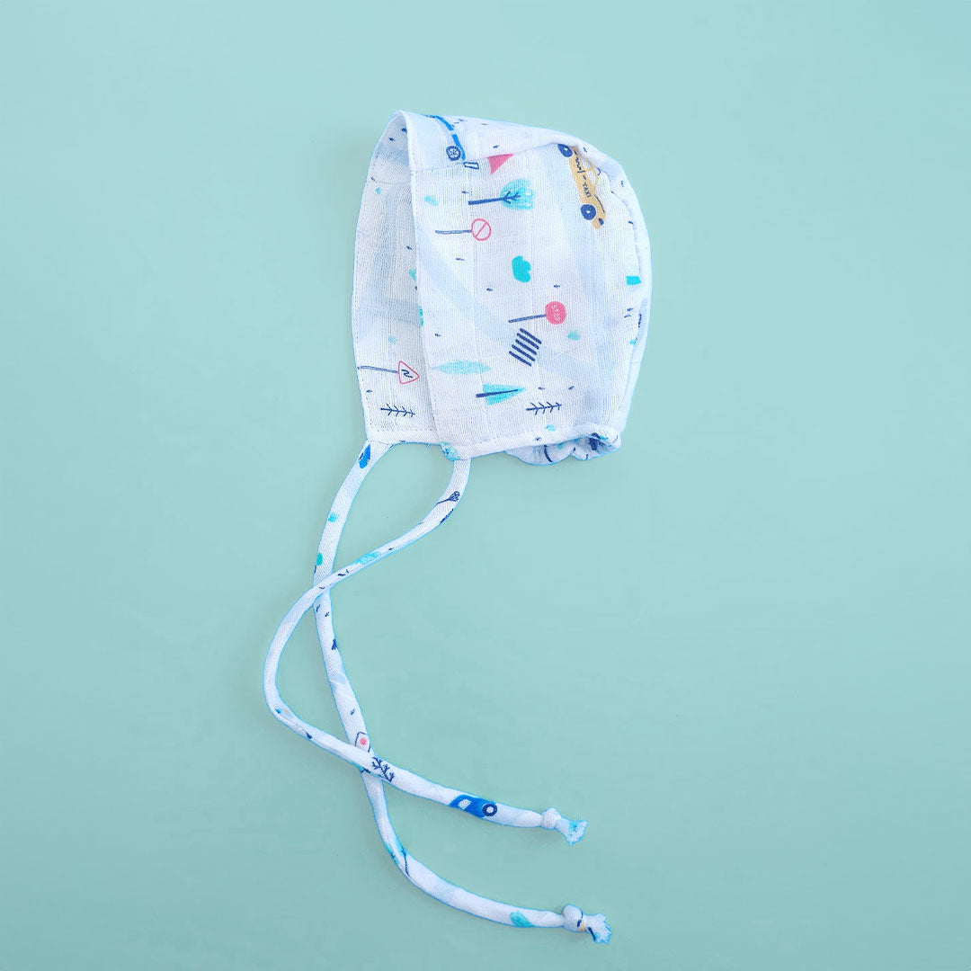 Keebee Organic Cotton Muslin Printed White Baby Bonnet - Tiny Town
