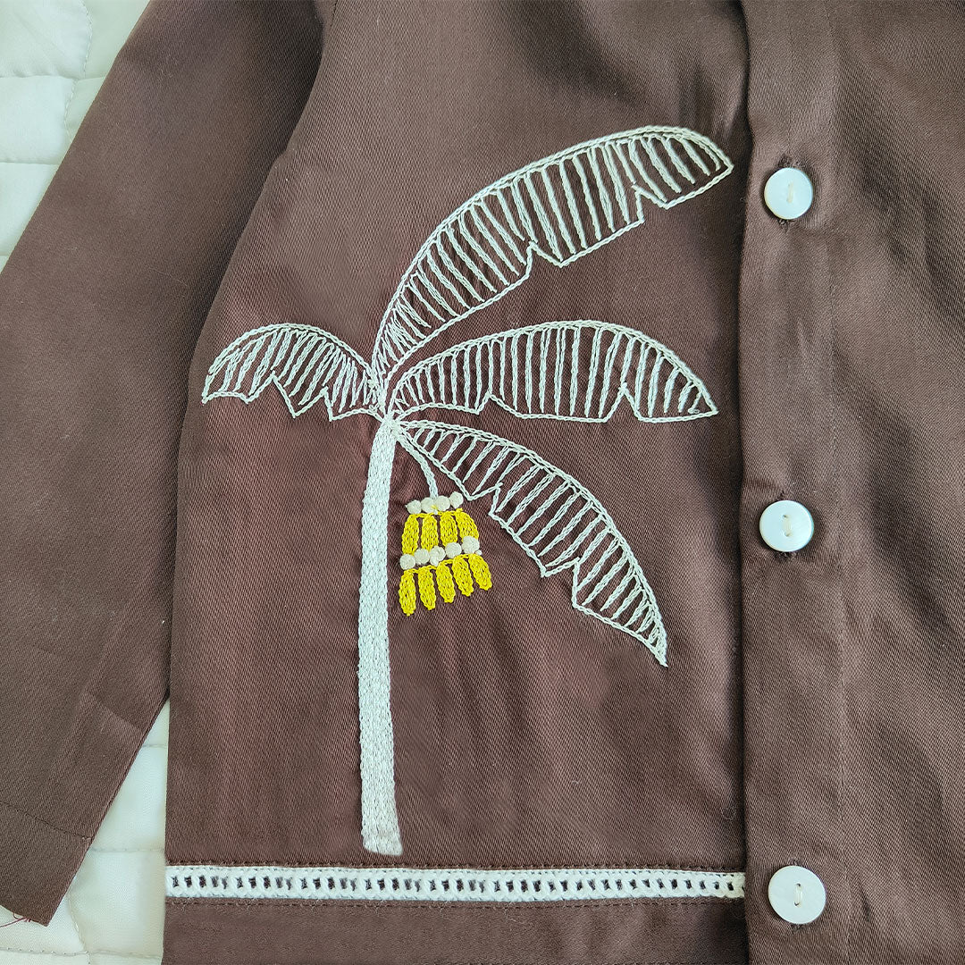 Keebee Organic Cotton Embroidered Choco Brown Kurta and Pajama Pants Set - Plantain