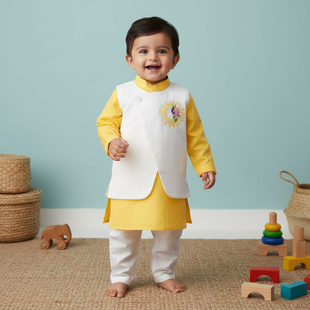 Keebee Organic Cotton Sun Embroidered Jacket Kurta and White Pajama Pants Set - Yellow