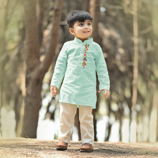 Organic Cotton Embroidered Aqua Kurta paired with Pajama Pants - Mushroom Cluster