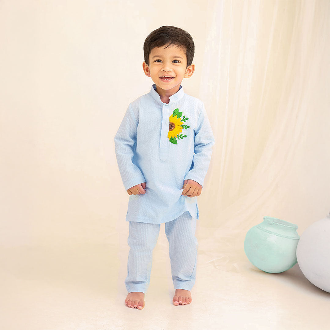 Keebee Organic Cotton Embroidered Light Blue Kurta paired with Pajama Pants - Sunflower
