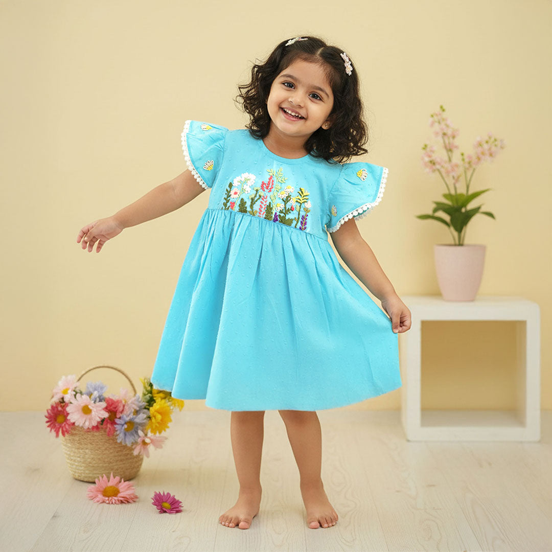 Keebee Organic Cotton Embroidered Light Blue Dress - Flower Garden | Baby Kids Clothing India | Keebee 3-6M By Keebee Organics