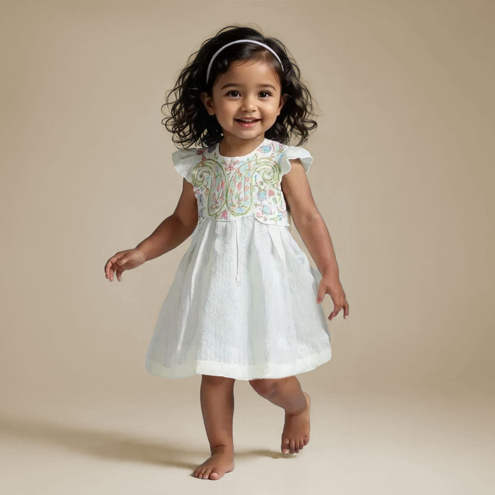 Keebee Organic Cotton Textured Embroidered Girls White Dress with Cap Sleeves - Paisley