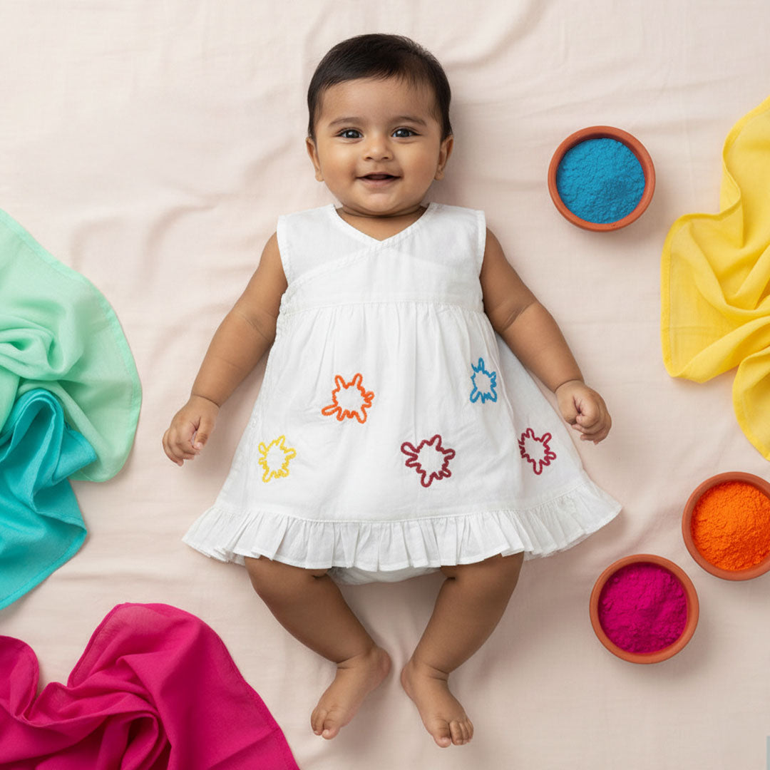Keebee Organic Cotton White Embroidered Dress - Color Splash | Baby Kids  Clothing India