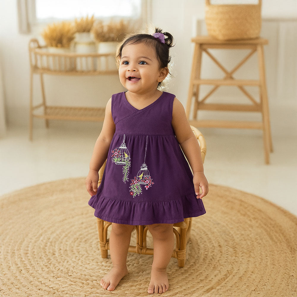 Organic Cotton Embroidered Girls Purple Jabla / Dress - Birdcages