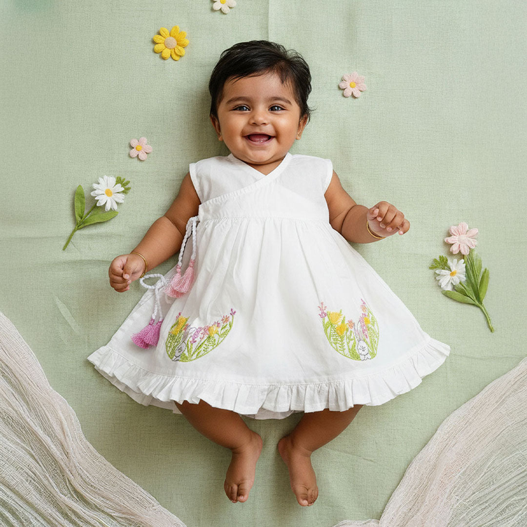 Keebee Organic Cotton White Embroidered Wrap Dress - Rabbit | Baby Kids  Clothing India