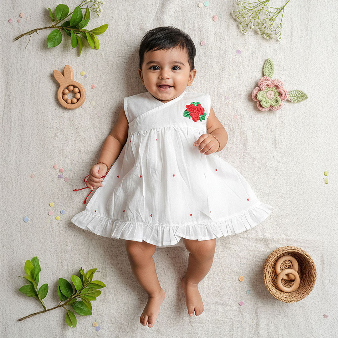 Keebee Organic Cotton White Embroidered Wrap Dress - Rose | Baby Kids Clothing India | Keebee KEEBEE Keebee Organic Cotton White Embroidered Wrap Dress - Rose | Baby Kids Clothing India | Keebee KEEBEE
