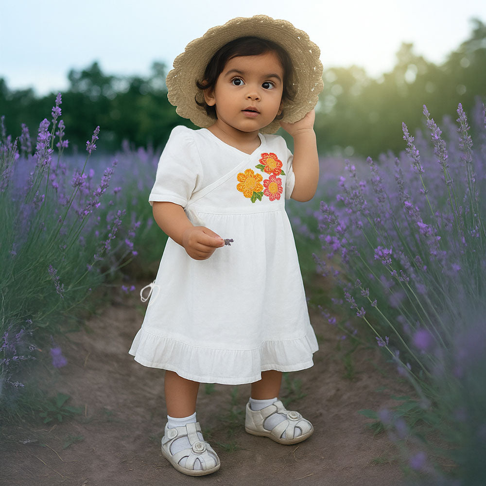 Keebee Organic Cotton Embroidered White Puff Sleeve Girls Jabla / Wrap Dress - Flowers