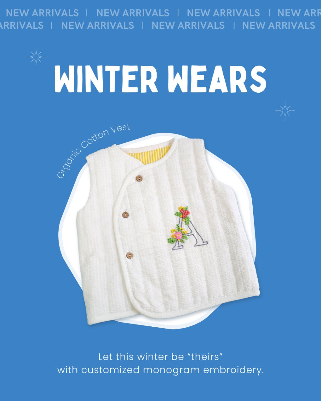 Keebee Organic Cotton Embroidered White Button Up Quilted Vest - Your Baby's Initial