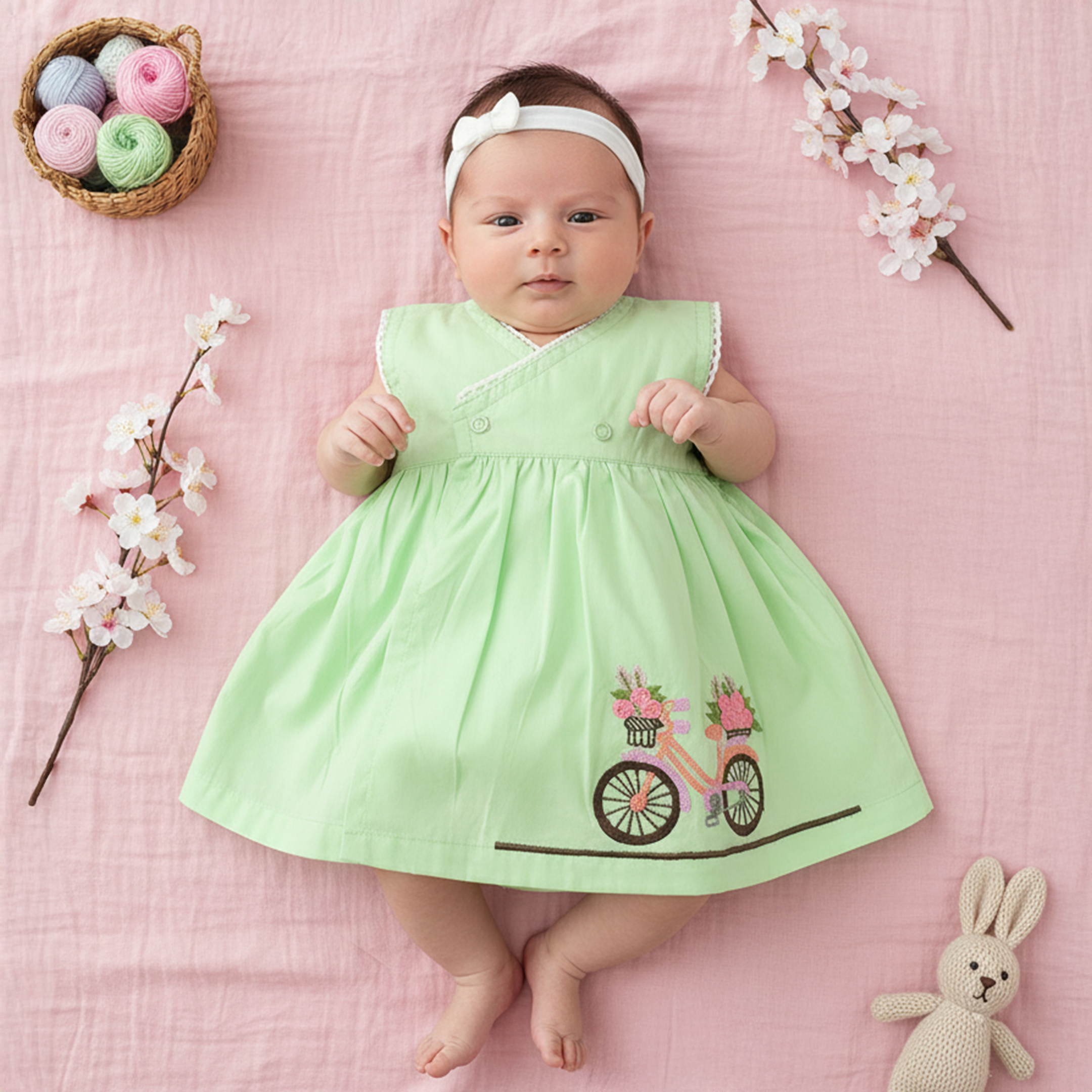 Keebee Organic Cotton Embroidered Newborn Green Overlap Dress - Bicycle | Baby Kids Clothing India | Keebee KEEBEE Keebee Organic Cotton Embroidered Newborn Green Overlap Dress - Bicycle | Baby Kids Clothing India | Keebee KEEBEE