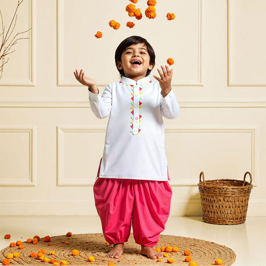 Keebee Organic Cotton White Kurta paired with Red Patiala Pants - Festive Toran