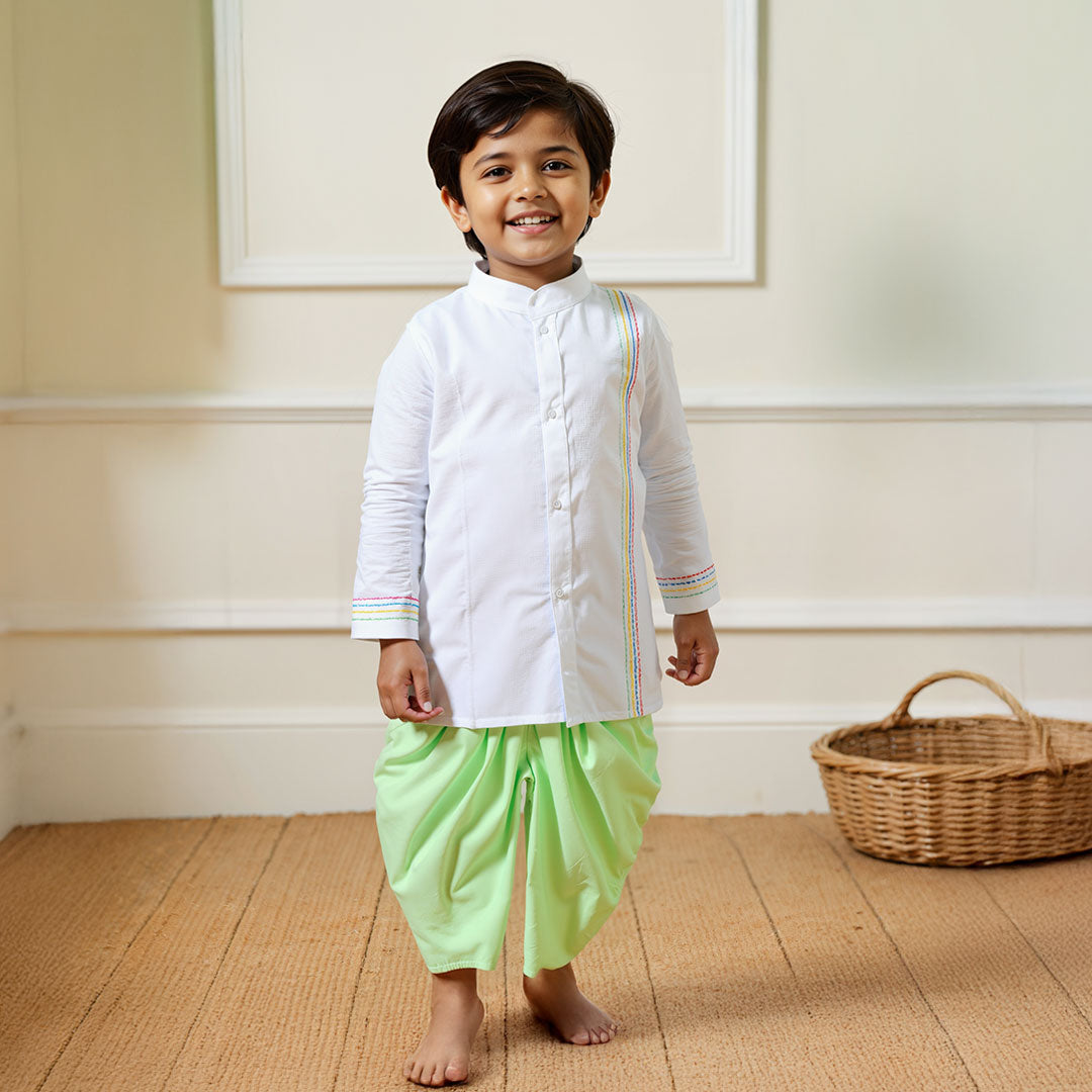 Keebee Organic Cotton Embroidered White Kurta paired with Green Patiala Pants - Stripes