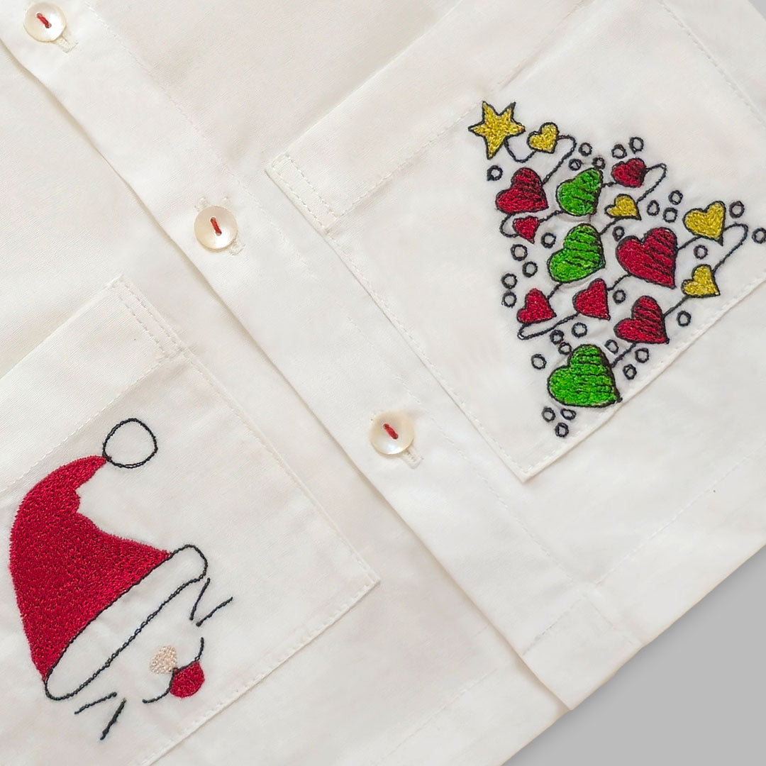 Keebee Organic Cotton Embroidered Shirt with Pockets - Santa and Xmas Tree